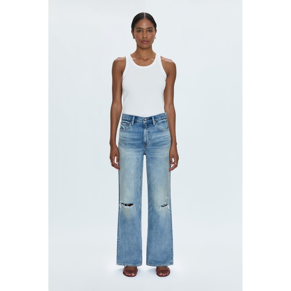 PISTOLA Women's Size 26 Blue Denim Distressed Straight Wide Leg‎ Jeans NWOT